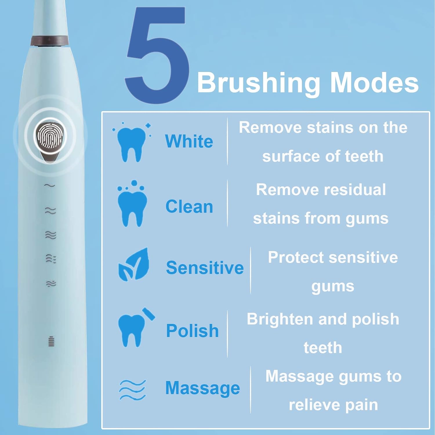 FEMBW Rechargeable Electric Sonic Toothbrush for Adults with 5 Modes 2 Mins Timer and 4 Toothheads (Blue)