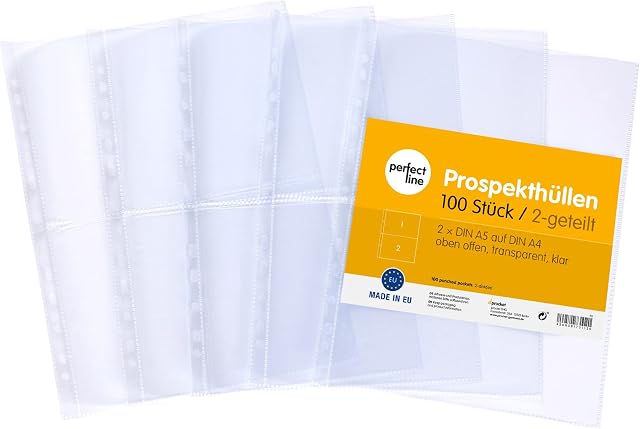 perfect line 100 Transparent A4 Segmented folders, Clear Punched Pockets Divided into 2 Segments (A5 lengthwise), colourless Sheets with Insertion on top Side