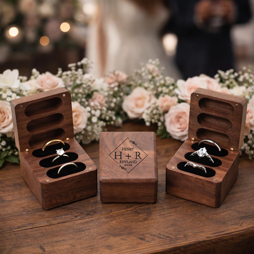 Personalized Square Wedding Ring Box. Fits 3 Rings. Made from Real Walnut Wood, Wedding Ring Holder (5) - Image 5