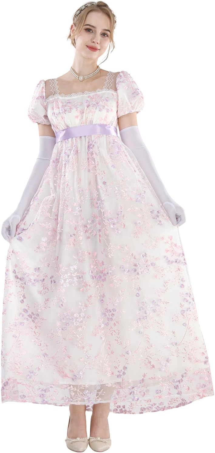 FCCAM Regency Dresses for Women Puffy Sleeves Victorian Dress Costume Empire Waist Regency Ball Gown - Image 2