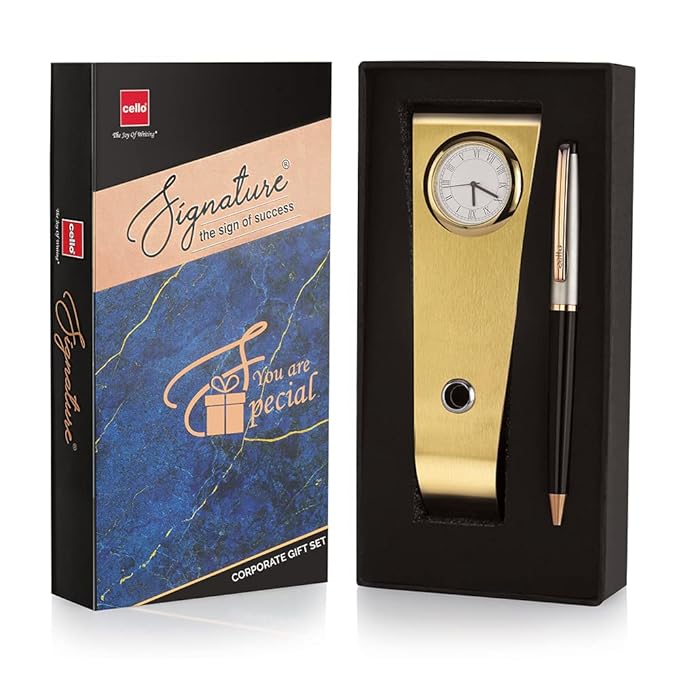 Cello Signature Moonlit Ball Pen + Table Watch cum pen stand Giftset