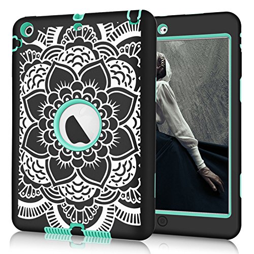 iPad mini/2/3 Case, Hocase Shockproof Hybrid Dual Layer Hard Rubber Protective Case with Cute Flower Design for Apple iPad Mini 1st/2nd/3rd gen 7.9-inch - Black/Teal