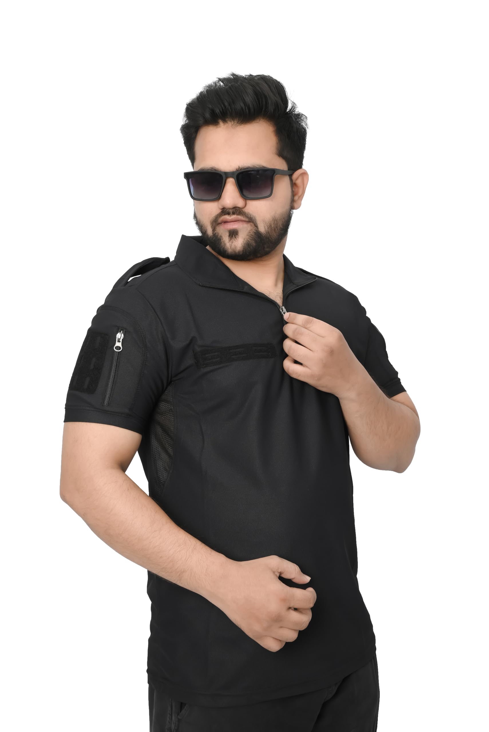 Men’s Tactical Half Sleeve T-Shirt | Black Zip Neck Activewear Tee with Utility Sleeve Pocket-picture-39