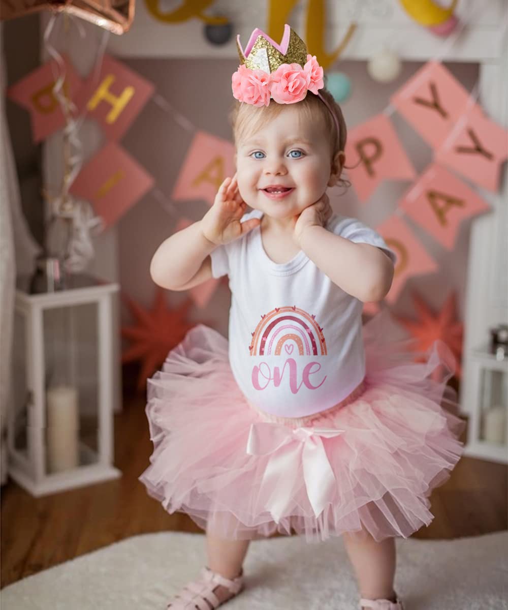 Ensembles Bébés Filles 1er Anniversaire, Tenue D'anniversaire pour Bébé Fille, Barboteuse Body, Robes Tutu, Bandeau Couronne, Bandeau Fleuri, pour la Baby Shower, Fête, Photographie