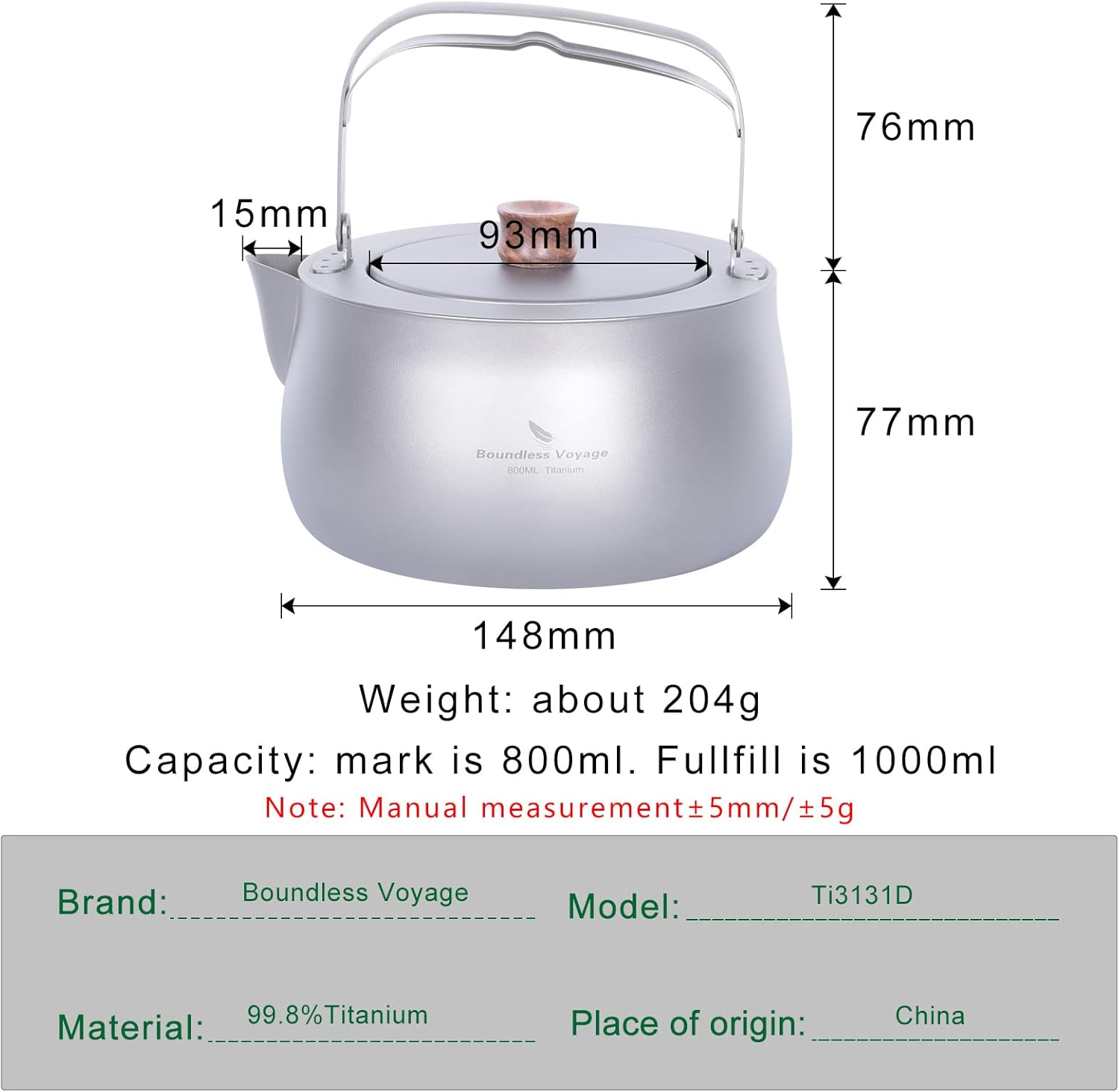 Boundless Voyage Titanium Kettle 800ml/27fl oz Folding Handle Filter Camping Teapot Coffee Pot for Outdoor Boil Water
