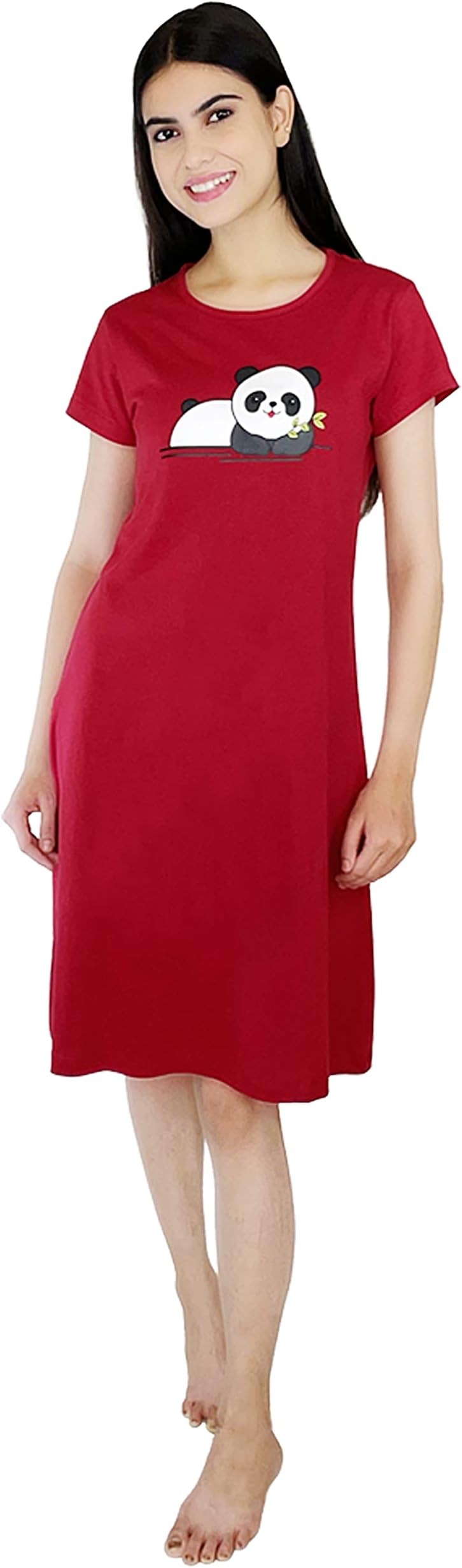 Women's Cotton Solid Chest Print Knee Length Short Nighty