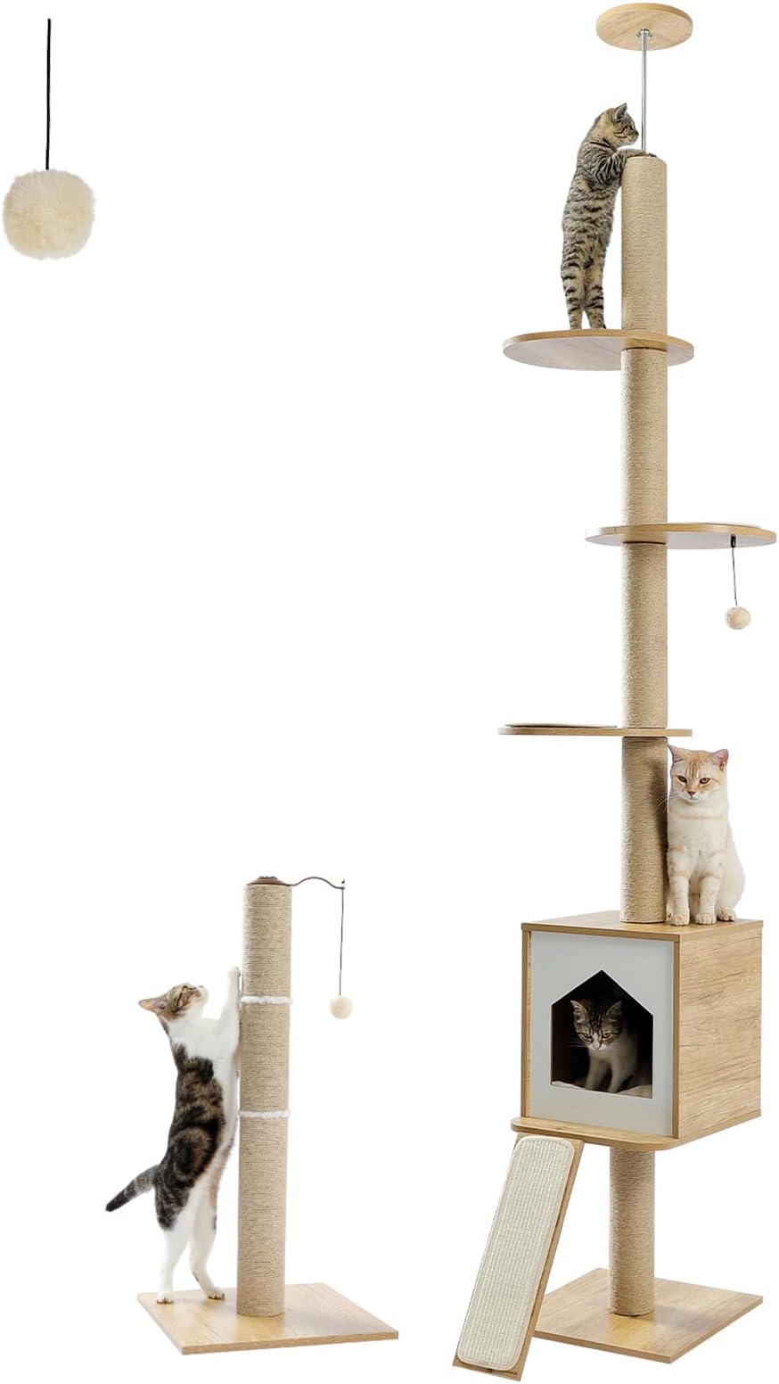 PETEPELA Cat Tree Floor-to-Ceiling Cat Tower, Cat Activity Center with Free Cat Scratching Post and Cat Condo, Ramp Ladder, Multi-Level Platforms Adjustable(94-102 Inches) for Indoor Cats