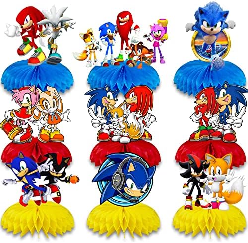 9 Piece Blue Hedgehog Honeycomb Centerpieces 3D Table Decorations, Kids Themed Birthday Party Supplies Baby Shower Decorations