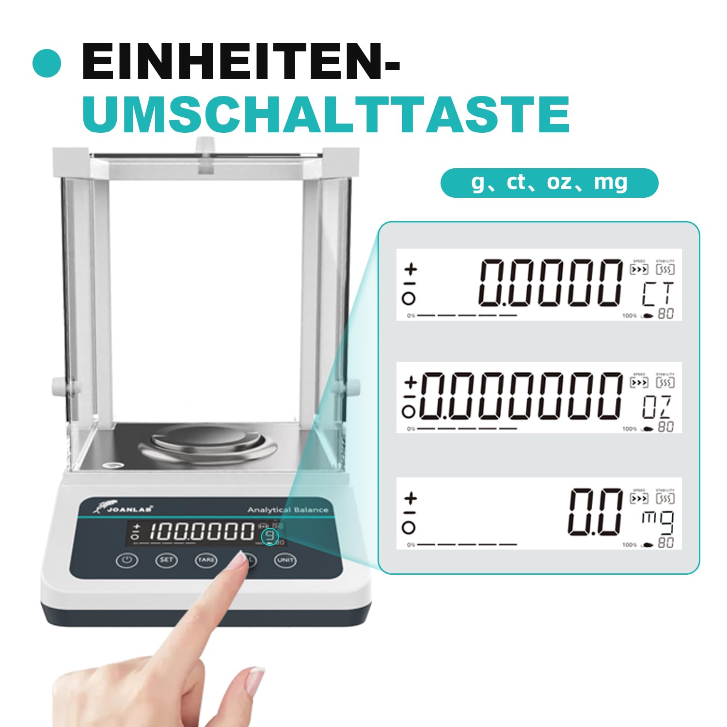 JOANLAB Analysenwaage 120g x 0,1mg, Externe Kalibrierung, 0,0001g Präzision Laborwaage FA1204