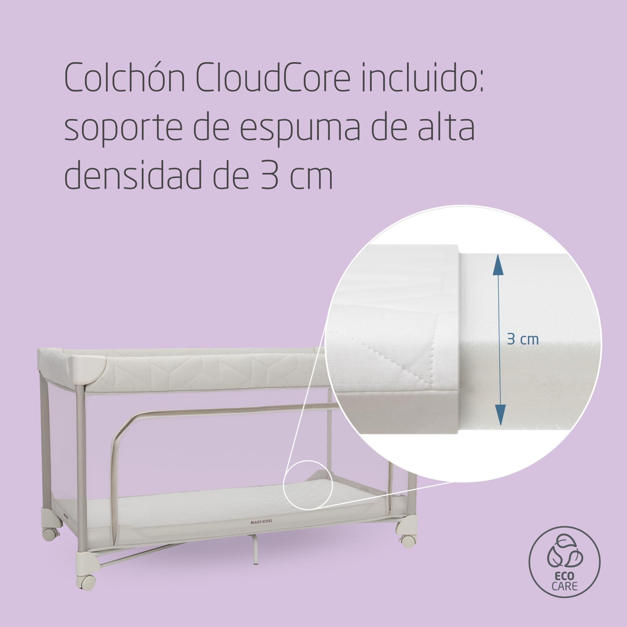 Maxi-Cosi Merlin, Cuna de viaje bebe y área de juegos 2 en 1, 0-4 años, hasta 18 kg, Cuna bebé portátil, Plegado en 1 segundo, Colchón CloudCore 120x60 cm, Ventana lateral, 4 ruedas, Elegance Beige