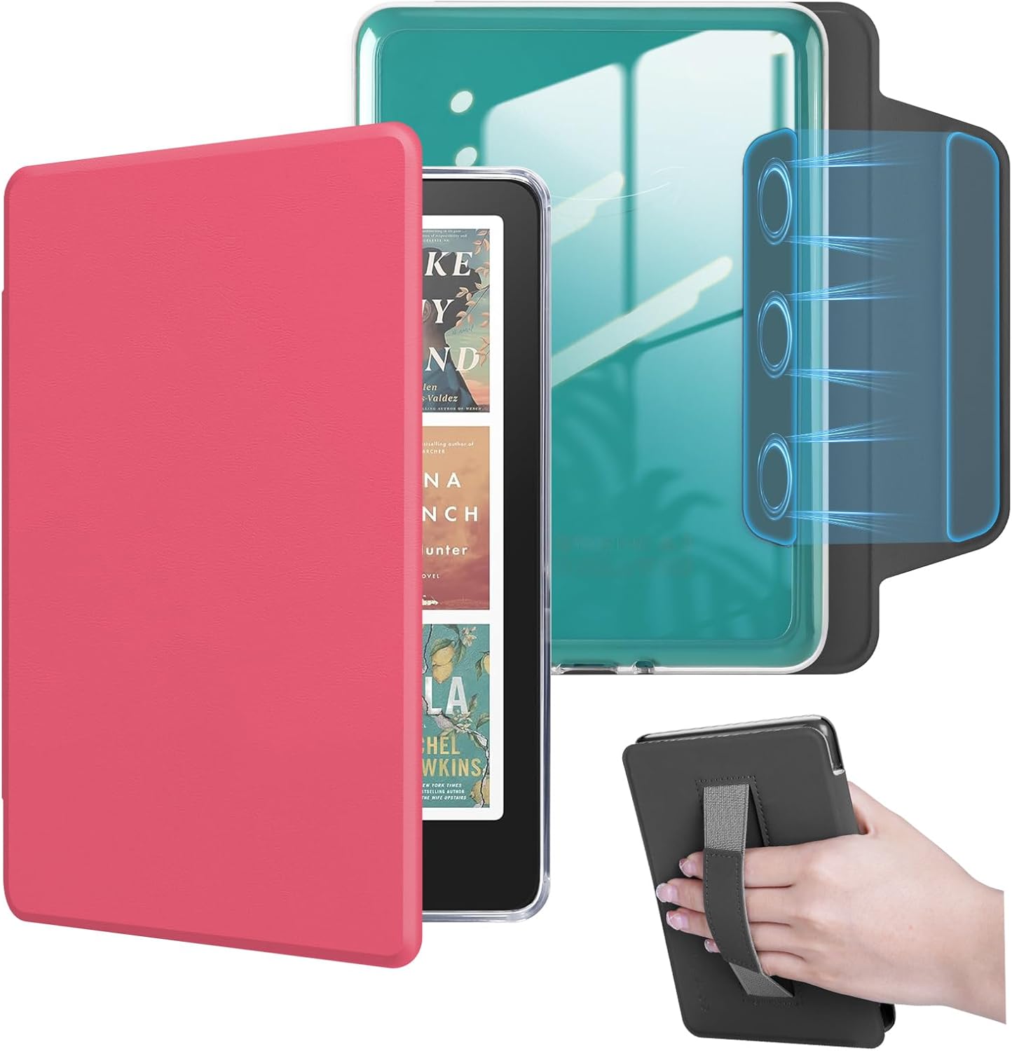 Detachable Magnetic Case for All-New 7" Kindle Paperwhite 12th Gen &Kindle Colorsoft 2025 with Hand Strap, PU Leather Cover and Transparent Hard Back Shell with Auto Sleep/Wake,Watermelon