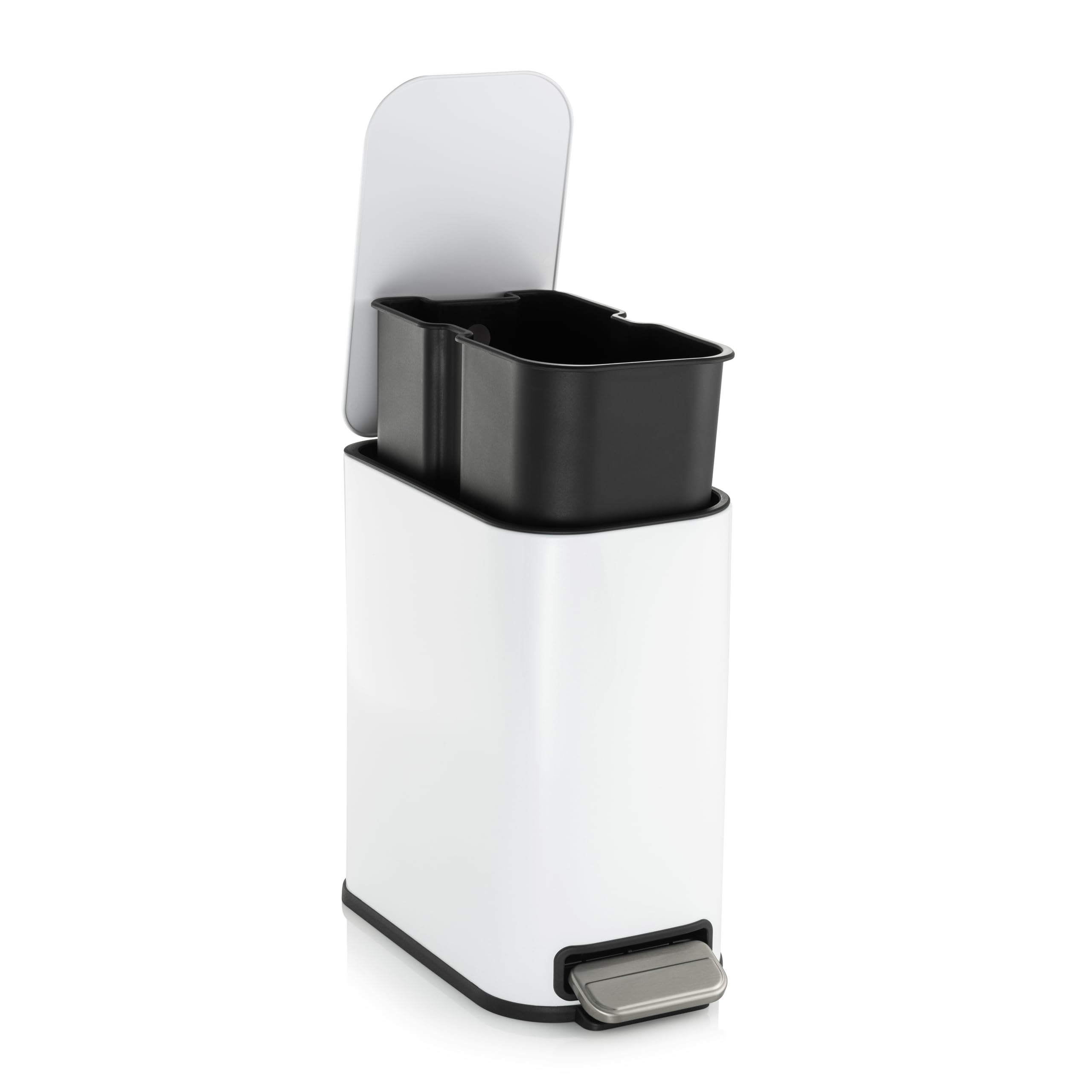 RED FACTOR Cubo de basura con pedal fino de 5 l, de acero inoxidable, tapa de cierre suave y cubo interior extraíble para baño, cocina u oficina (blanco metálico)