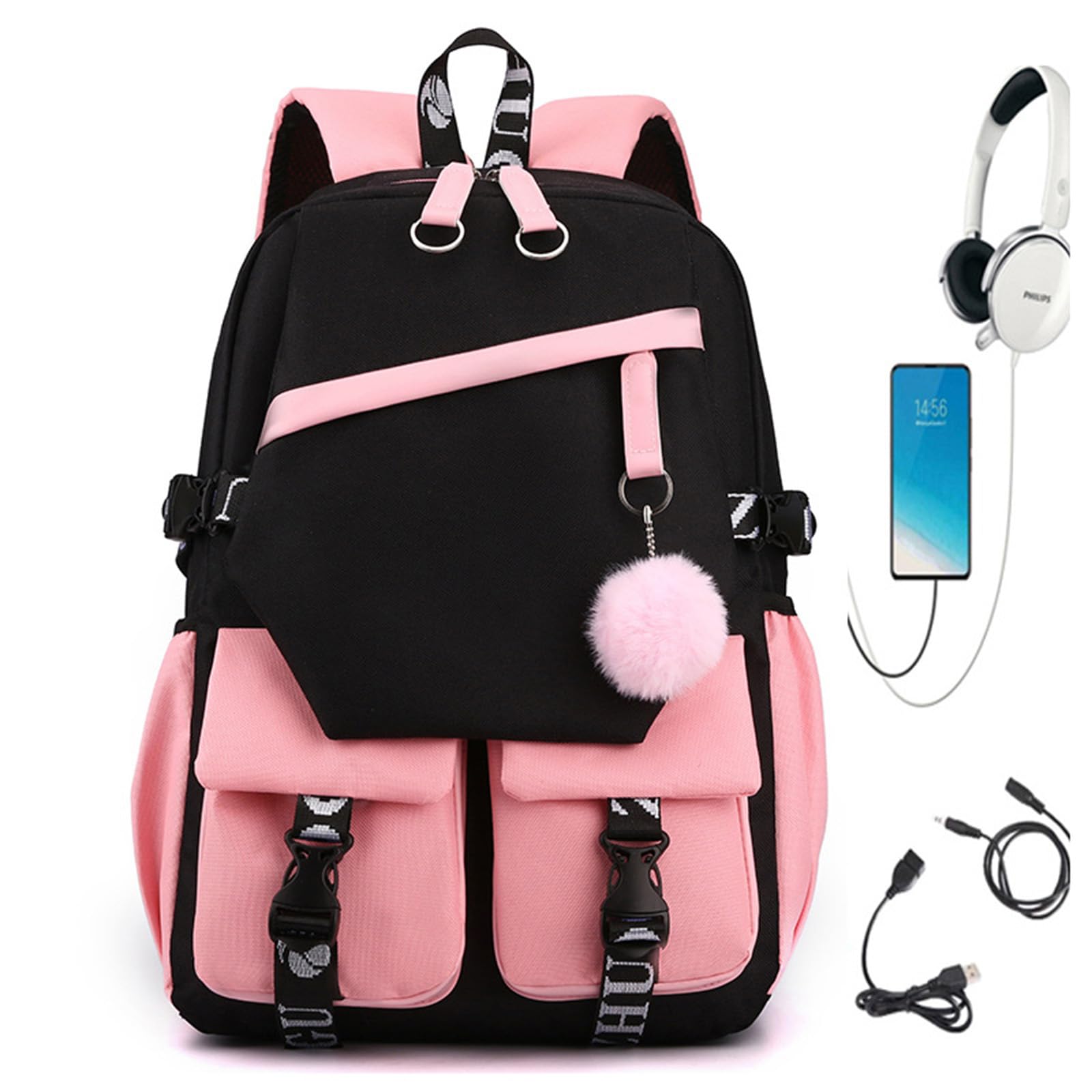 Mochila Escolar Negra de Primaria para Niñas Escuela Primaria Mochilas Escolares Rosas para Niños Backpack Nylon para Adolescentes y Estudiantes de último año