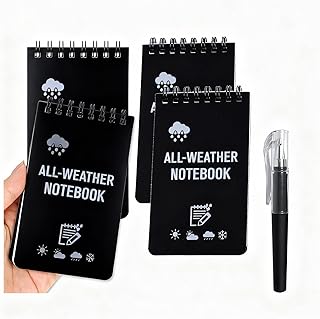 4 cadernos impermeáveis A7 com 1 caneta esferográfica livre de bolso All Weather bloco notas espiralado papel impermeável caderno Reporter para escola trabalho viagem e atividades ao ar (preto)