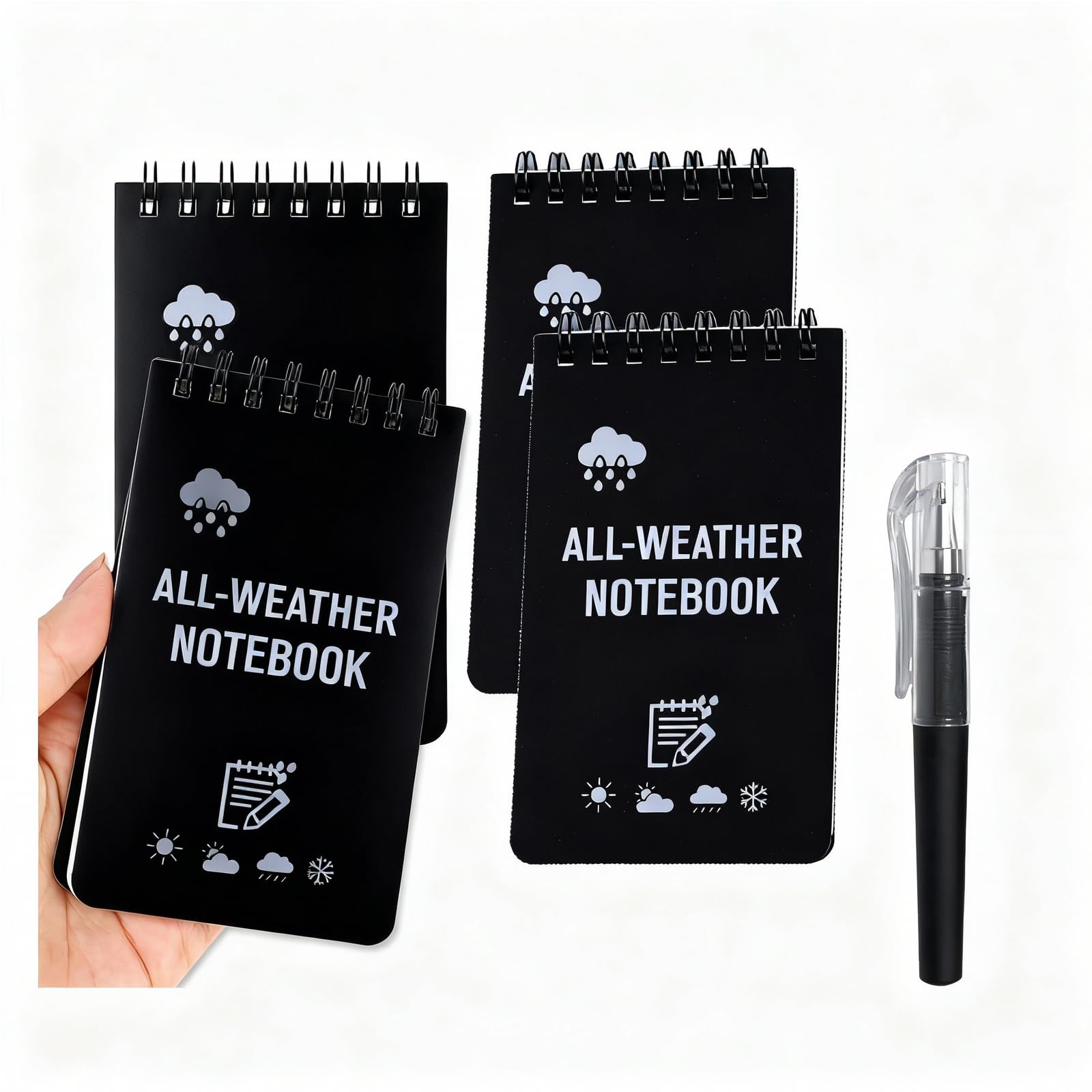 4 wodoodporne zeszyty A7 z 1 długopisem, kieszonkowy notatnik All Weather, spiralny blok notatnikowy, wodoodporny papier, zeszyt reporterski do szkoły, pracy, podróży i aktywności na świeżym powietrzu