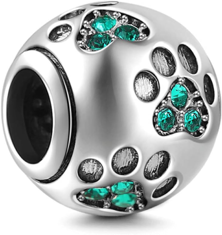 Dog Paw Print Charms 925 Sterling Silver Animal Birthstone Crystal Charms for Pandora 3mm Snake Chain Bracelets