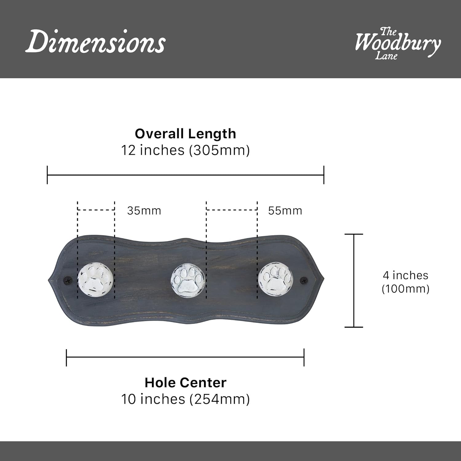 Rustic Wall Mounted Coat Rack with 3 Distressed White Dog Paw Hooks – Solid Grey Wood Base, Hook Rail for Hats, Jackets & Bags – Pet Themed Organizer for Hallway, Bedroom & Nursery