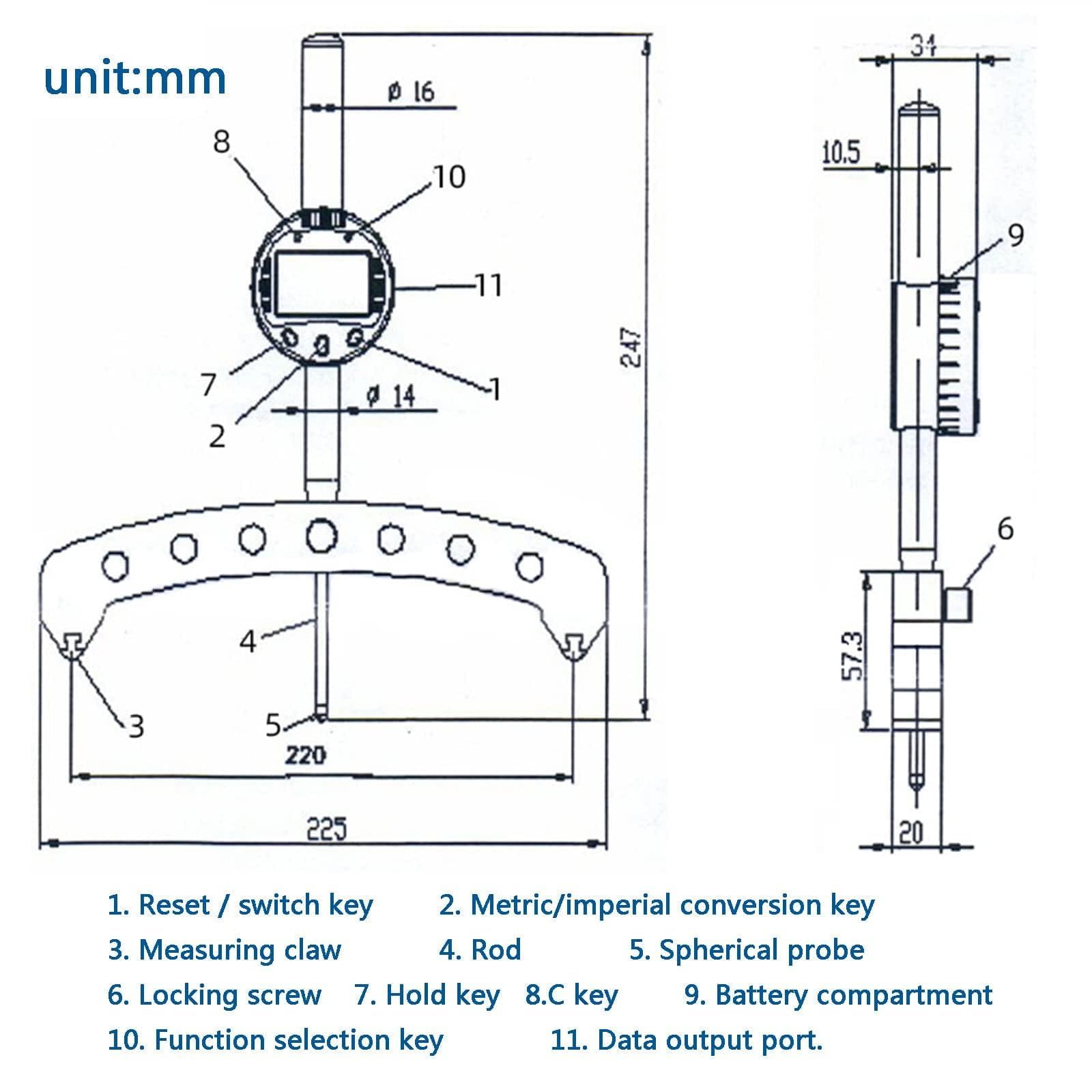 Digitales Radiusmessgerät, hochpräzises Messwerkzeug mit 200 mm Backe, Bereich 0–50,8 mm, Genauigkeit 30 um für mechanische Teile und Holzformen