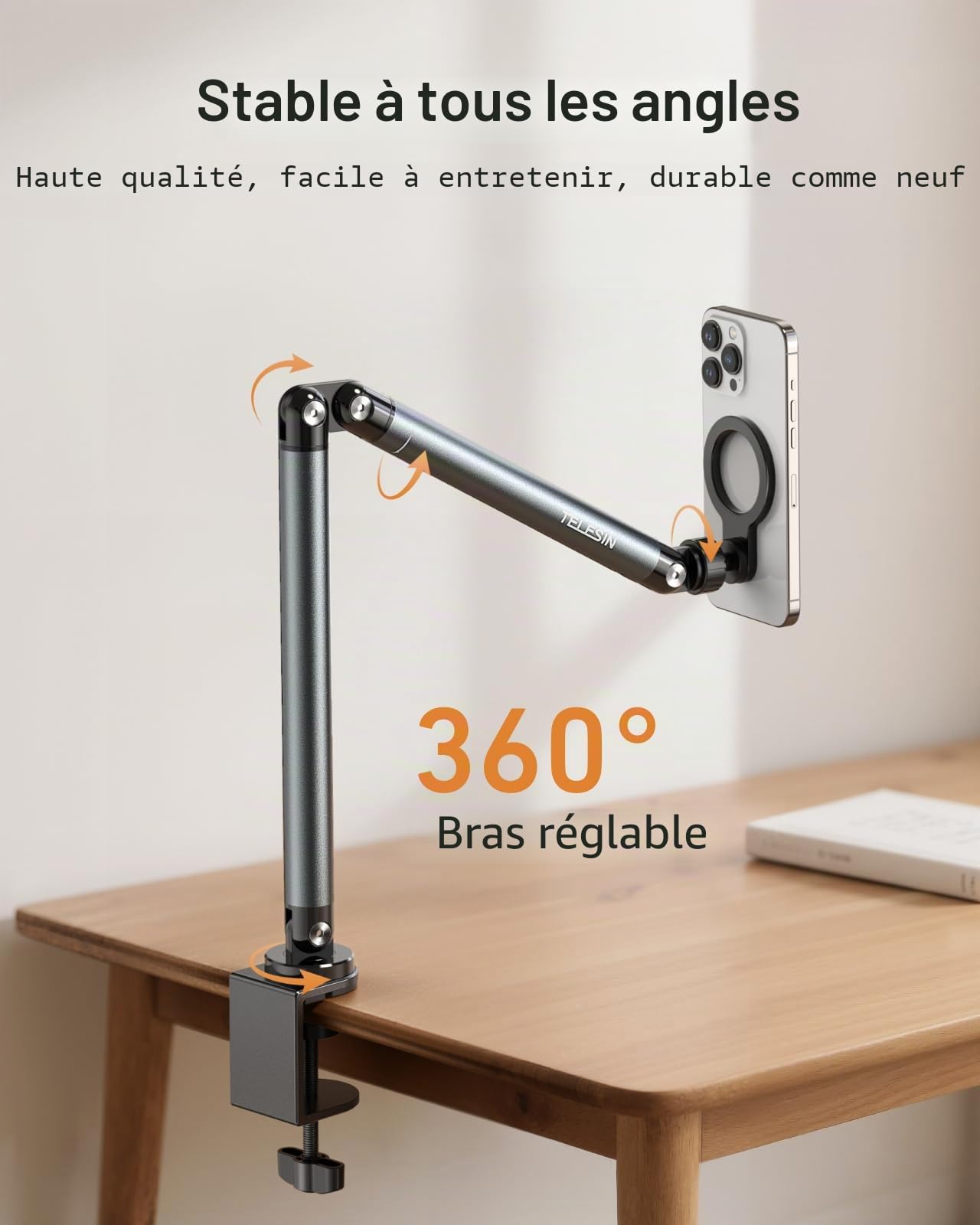 TELESIN Support Tablette de Serrage Magnétique pour Lit | RéGlable Rotatif à 360° avec Bras Stable, Support Porte-Pince Magnétique pour Magsafe/iPhone/Android/IPad