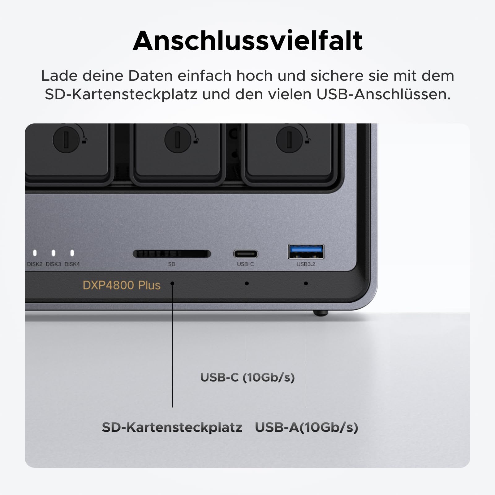 UGREEN NASync DXP4800 Plus, 4-Bay Desktop-NAS, Intel Pentium Gold 8505 Prozessor mit 5 Kernen, 8 GB DDR5 RAM, Eingebaute 128GB-SSD, 10GbE & 2.5GbE LAN, 2 × M.2 NVMe-Slots, HDMI 4K (ohne Festplatten)