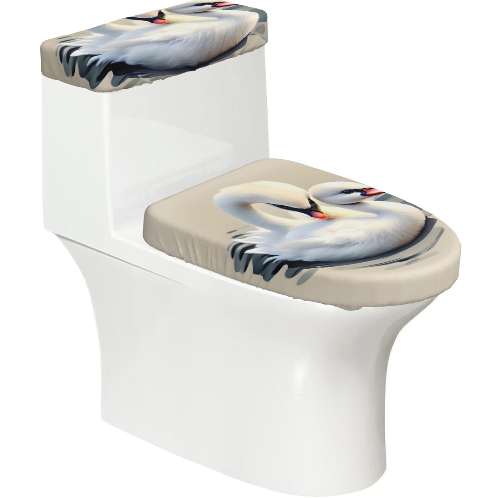 Cute Little swan Elastic Toilet Cover Set of 2-Stretchy Lid and Tank Covers for Bathroom, Soft Washable U Shape Toilet Decor