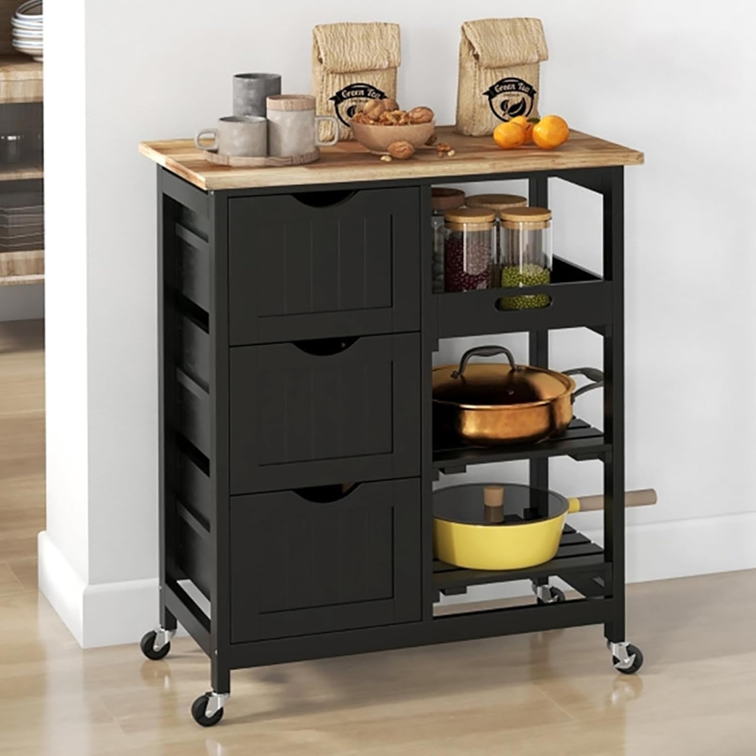 Rolling Kitchen Island Cart, Kitchen Storage Cabinet on Wheels, Mobile Serving Utility Trolley Cart for Kitchen, Bathroom, Living Room, Bar, Office, Black