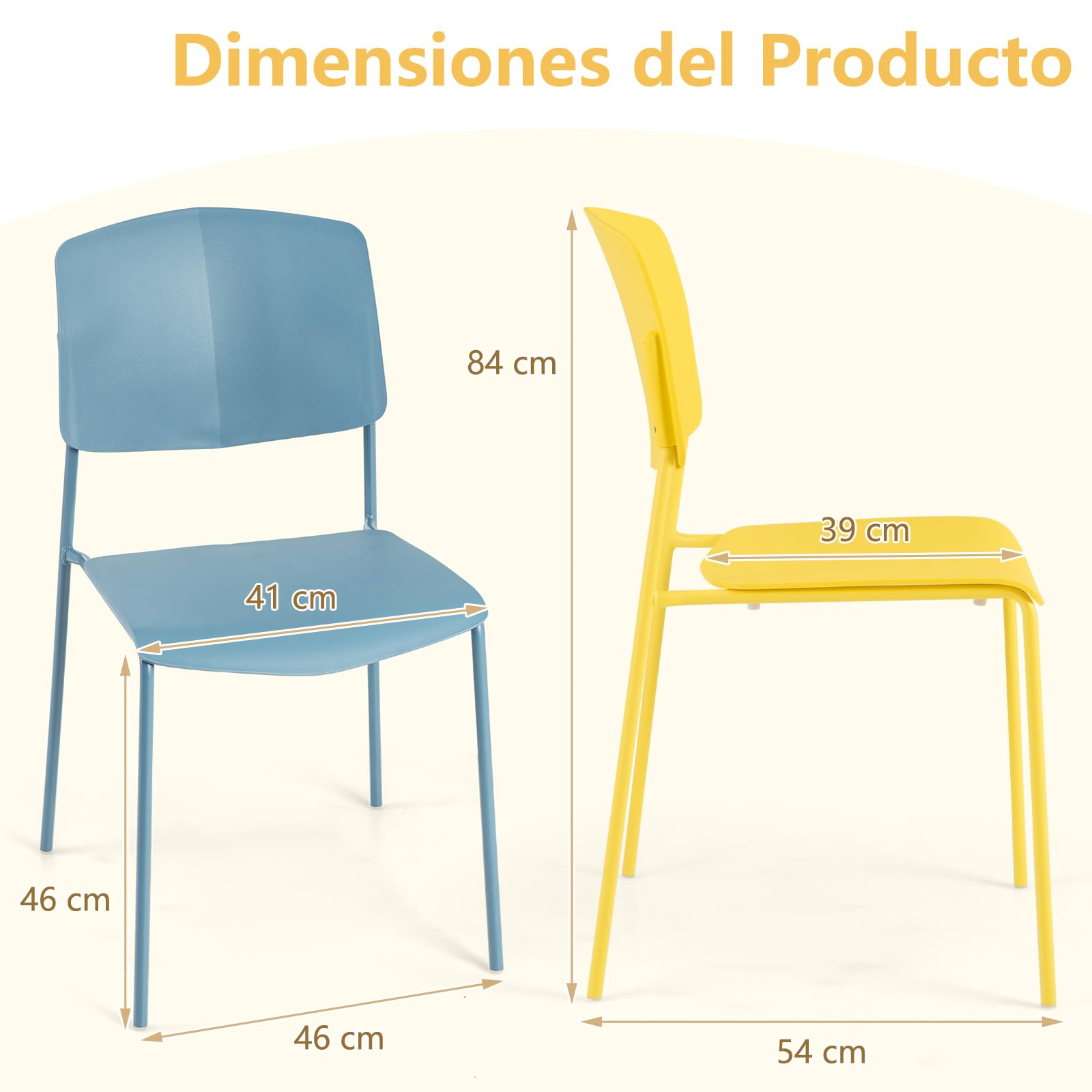 GIANTEX Juego de 4 Sillas de Comedor Apilables, Sillas de Cocina con Respaldo y Asiento Ancho de Polipropileno, Sillas con Patas de Metal, Carga hasta 160 kg, para Comedor, Cocina (Multicolor)