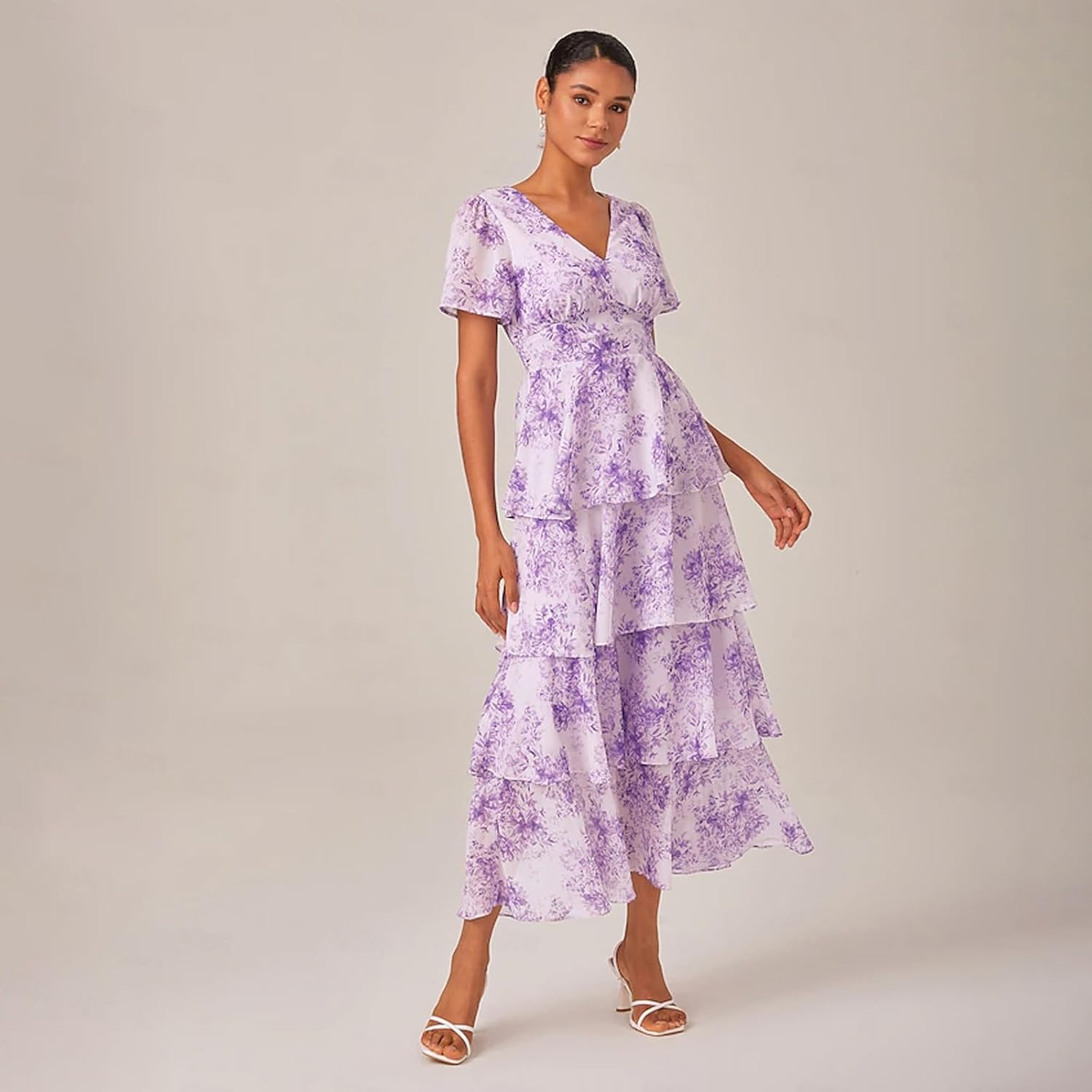 ADOR Women's Floral Summer Empire Waist V Neck Casual Long Flowy Chiffon Maxi Dress Ruffle Tiered Short Sleeve A-line Dreses