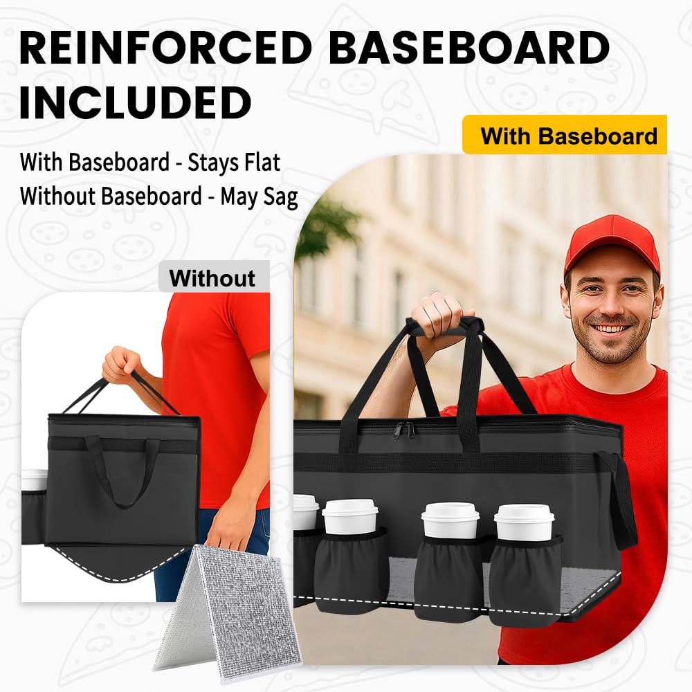 CIVJET Insulated Food Delivery Bag with 4 Cup Holder and Bottom Support, XXX-Large Insulated Grocery Bags Keep Food Hot/Cold, Cooler Bags with Drink Carrier, Food Carrier Catering Bag for Events,Black