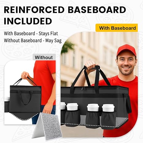 Insulated Food Delivery Bag with 4 Cup Holders & Bottom Plate, XXL