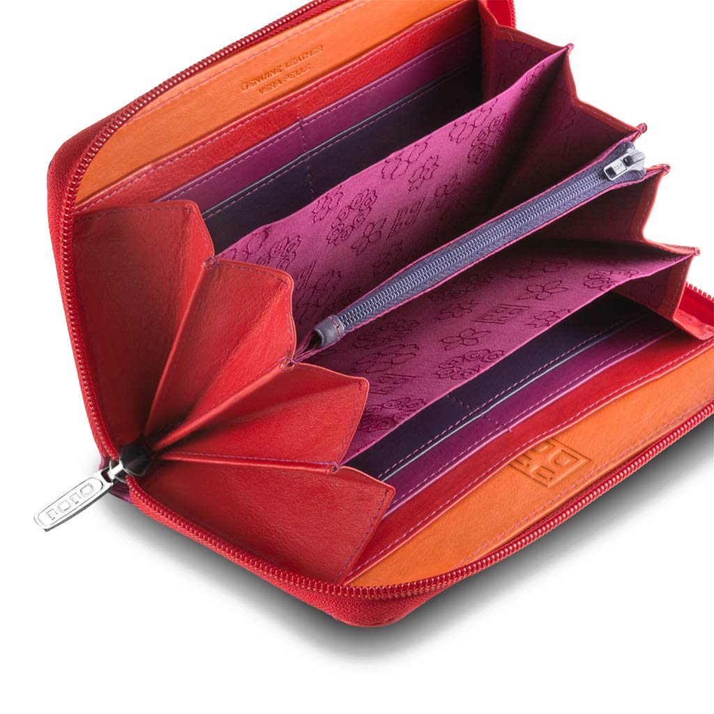 DUDU Portafoglio donna grande RFID di vera pelle colorato zip around Fucsia