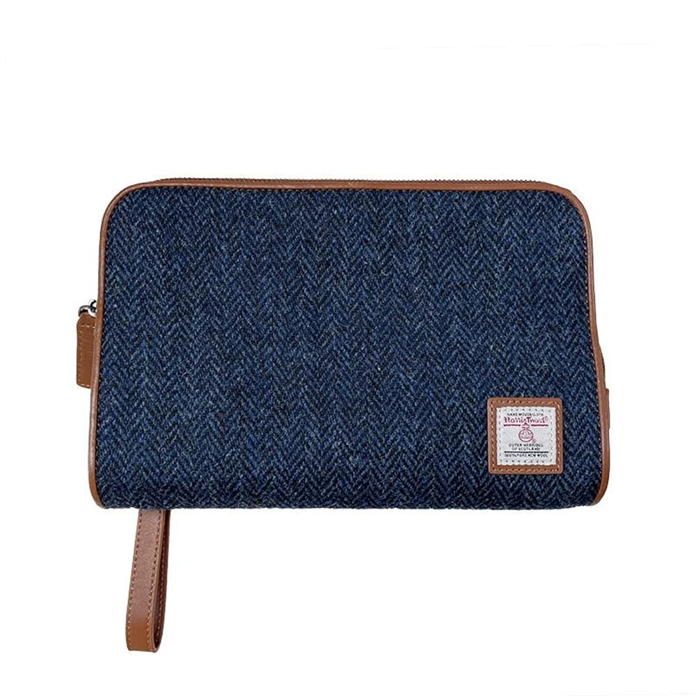 TAILORMAP Harris Tweed - Pochette da uomo in lana e pelle, borsa da polso da lavoro, grande borsa a busta