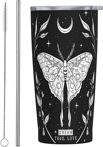 SUPLUCHOM Vaso aislado de 20 onzas con tapa y pajita, de acero inoxidable, con diseño de mariposa, color negro, mágico, taza de viaje a prueba de