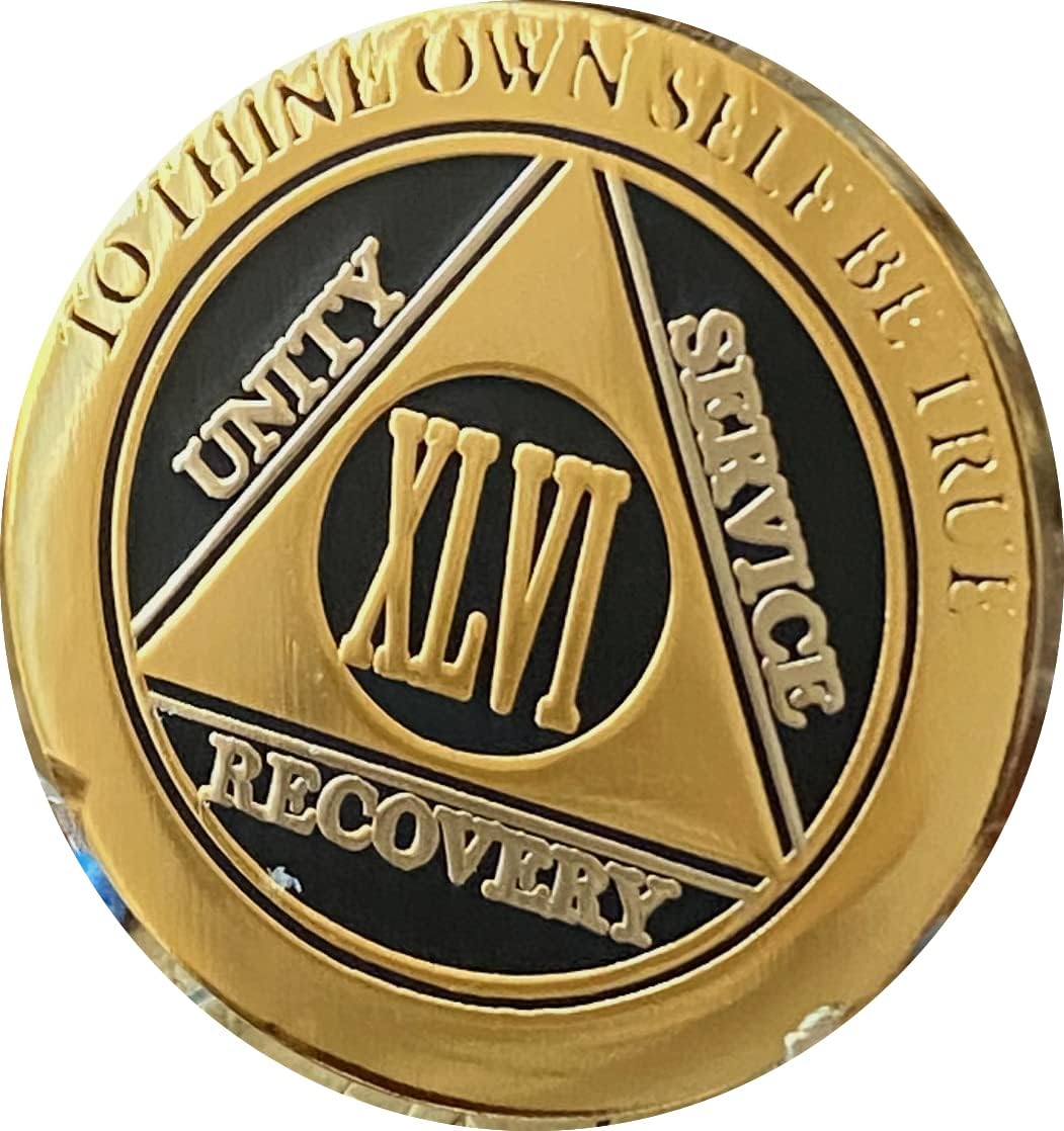 RecoveryChip 46 Year Elegant Black Gold Silver Bi-Plate AA Medallion Serenity Prayer Chip