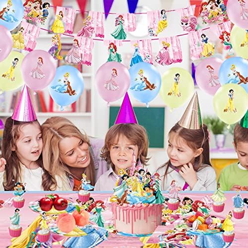 Wirhaut 135Pcs Princess Birthday Party Decorations, Kids Girls Birthday Decoration Tableware, Princess Party Supplies Including Cake Topper Party Ballons Plates Cups Happy Birthday Banner -10 Guests