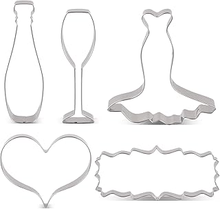 LILIAO Wedding Cookie Cutter Set for Anniversary/Bridal/Engagement - 5 Piece - Heart, Wedding Dress, Plaque, Champagne and...