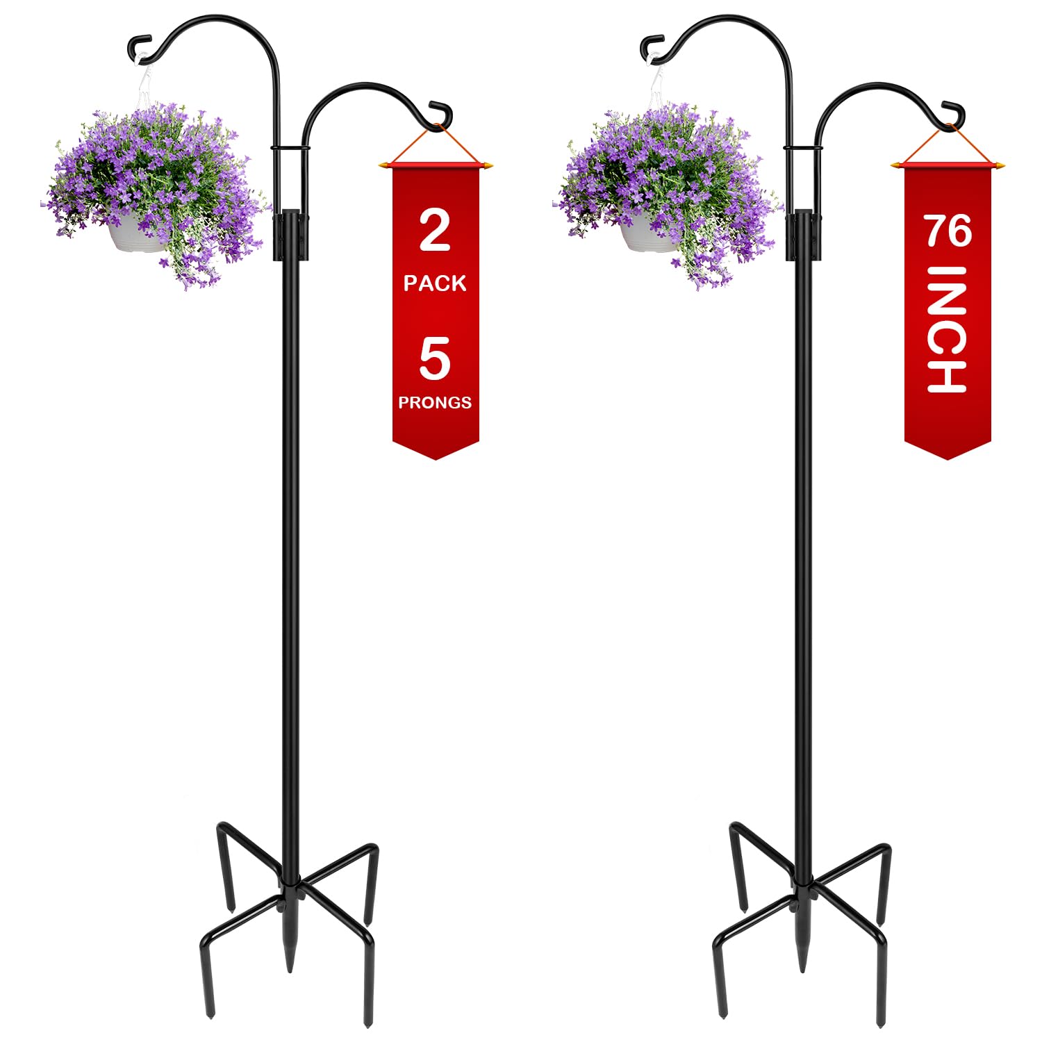 XDW-GIFTS Double Shepherds Hooks for Outdoor, 2-Pack Heavy Duty Garden Pole for Hanging Bird Feeder, Plant Baskets, Solar Light Lanterns, Garden Plant Hanger Stands with 5 Base Prongs
