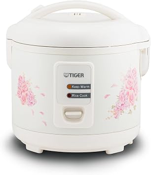 Tiger JAZ-A18U-LF 10 Cup Capacity White Rice Cooker with Non-Stick Inner Pot, Retractable Power Cord, and Keep Warm up to 12 hours Flower