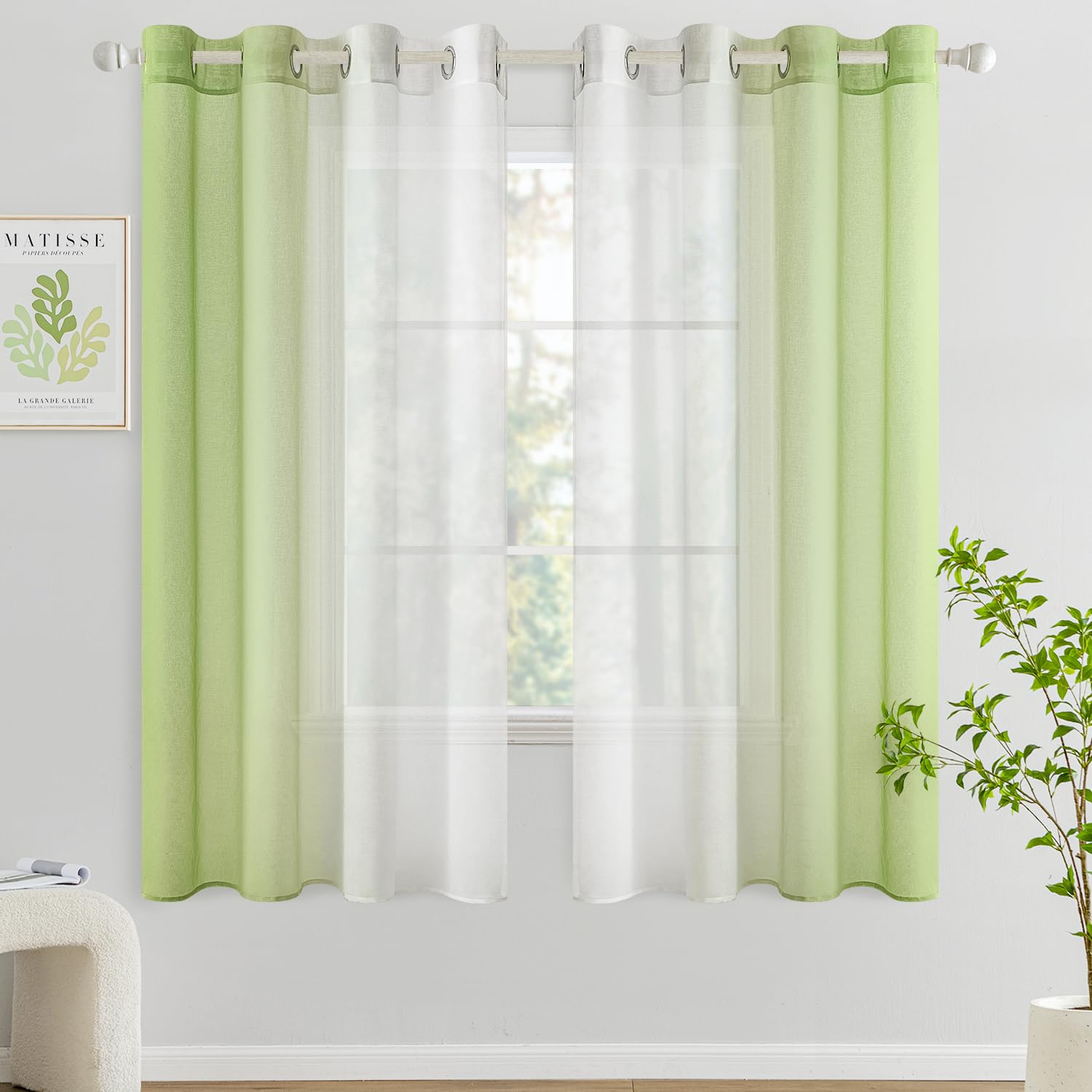 Woaboy Cortina Corta Ventana Translúcida Visillo Dormitorio con Ojales Moderno Decorativas Poliéster Visillos Degradado Gradiente para Habitación Salon 2 Piezas 140x145cm Verde Claro