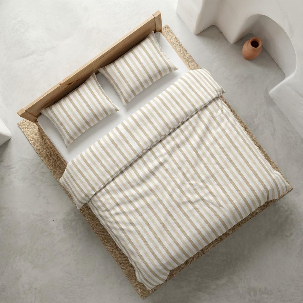 GAMUSI Juego Funda nórdica Cama 180 100% algodón - 2 Fundas Almohada 50x95 cm, Estampado Rayas Color Taupe
