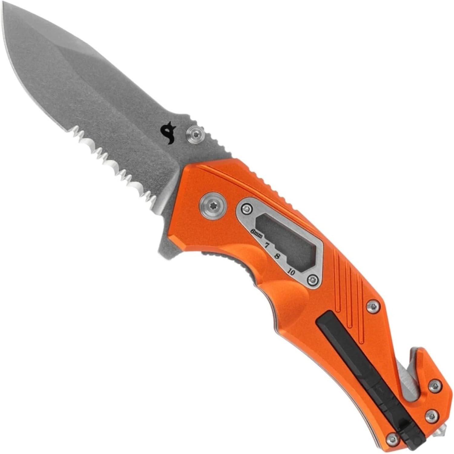 BlackFox Demand BF-784 OR Folding Rescue Knife, 3.35in Partially Serrated Blade, Orange Handle, Seatbelt Cutter, Glass Breaker, Whistle, Ferro Rod, Hex Keys, Pocket Clip, Nylon Sheath, Emergency Knife