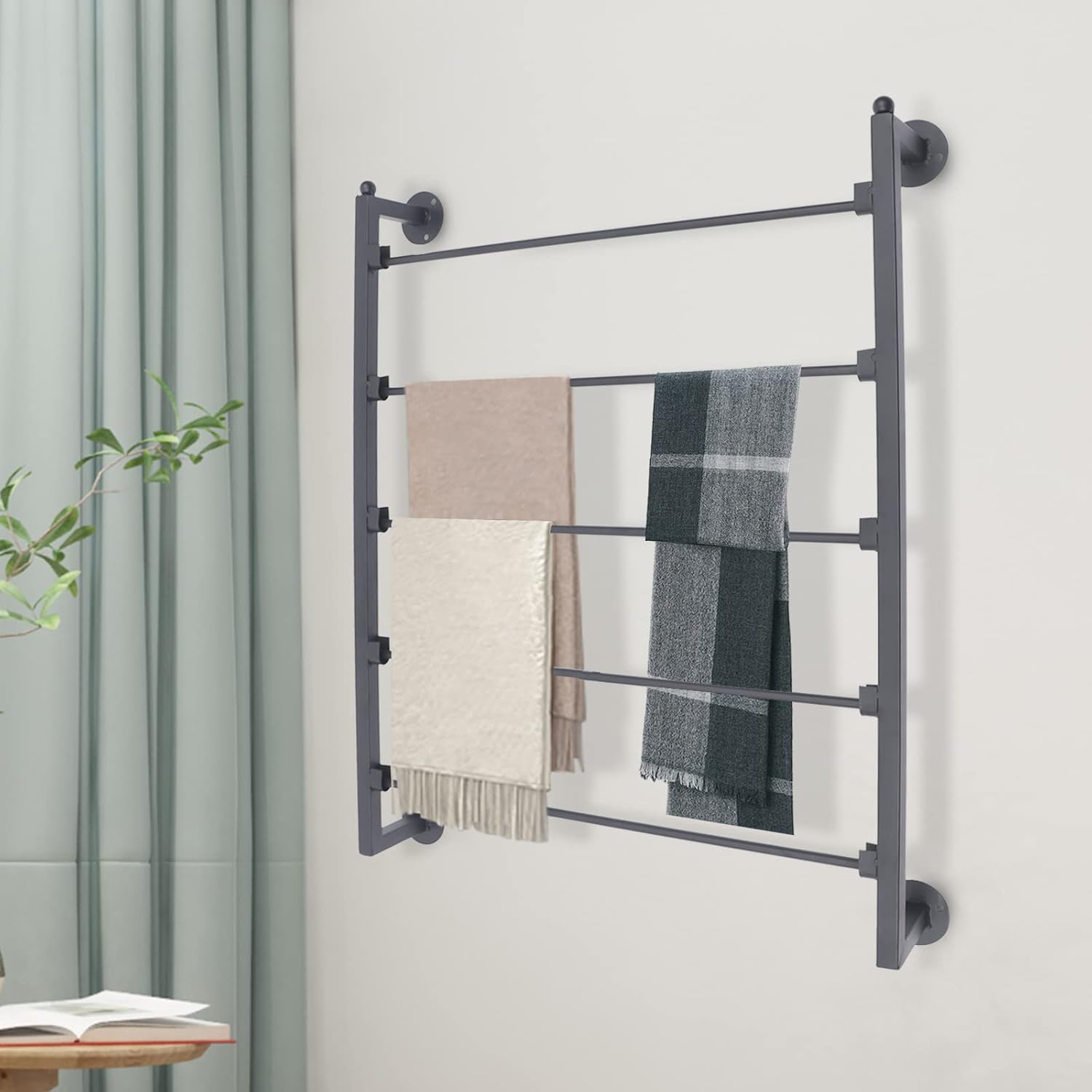23.6 * 29.5in Wall Mounted Display Rack 5-Layer Tie Scarf Rack Belt Towel Hold Wrapping Paper Ribbon Organizer Clothing Retail Stores Flower Shop Craft Room Florist Hanging Shelving (Black)