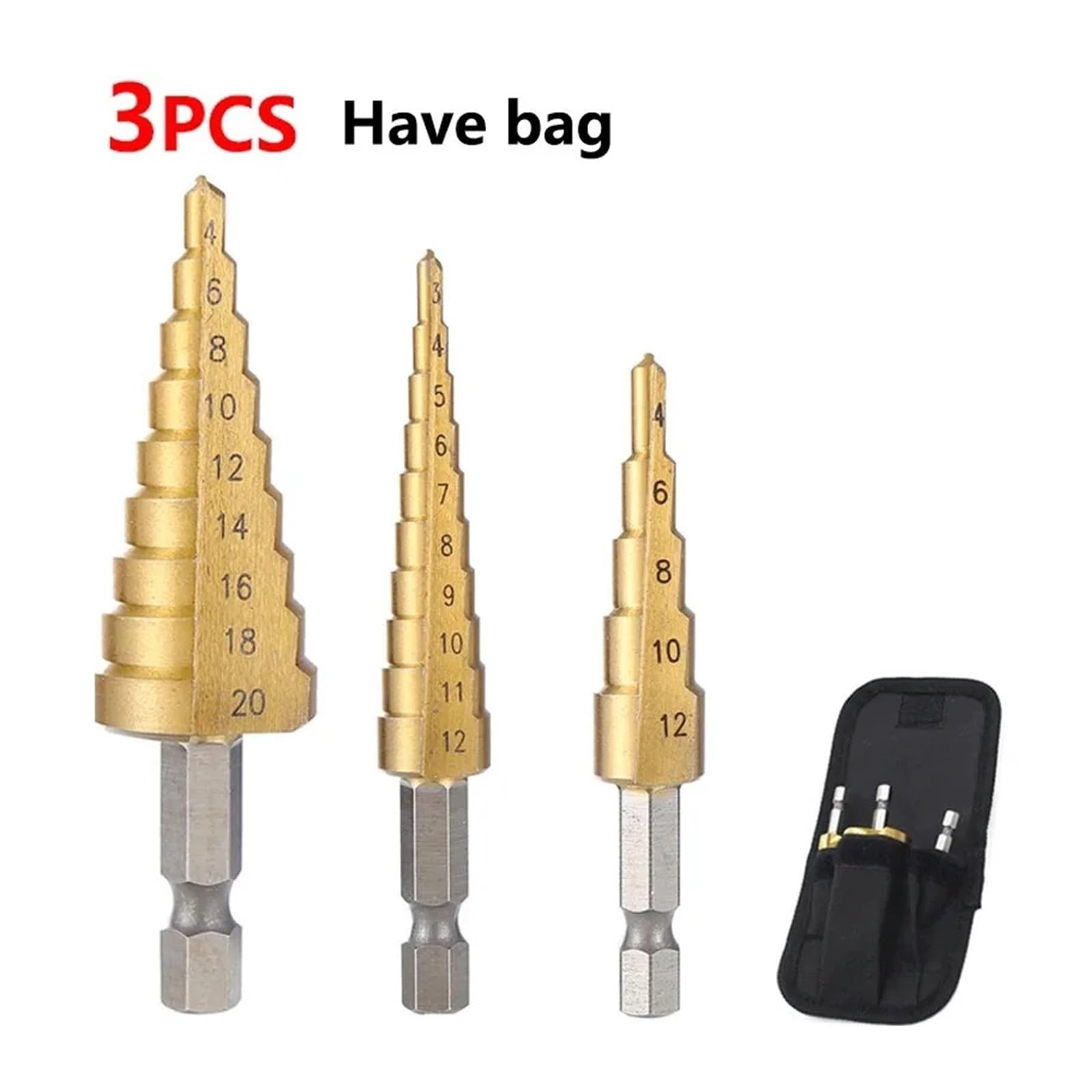 Broca escalonada cónica HSS recubierta de titanio | Herramienta de perforación multiusos for madera y metal de 4-20/4-32 mm(3pcs with bag)