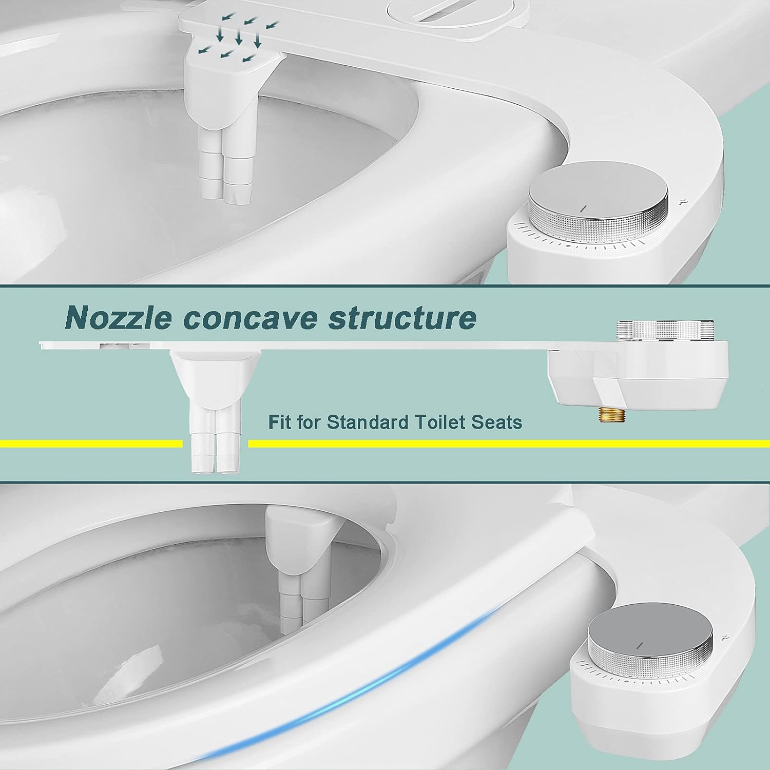 Bidet Attachment for Toilet - Left Handed Bidet Ultra-Slimt Non-Electric Dual Nozzle (Frontal & Rear Wash) Adjustable Water Pressure, Water Bidet Toilet Seat Attachment,Easy to Install (Silver)
