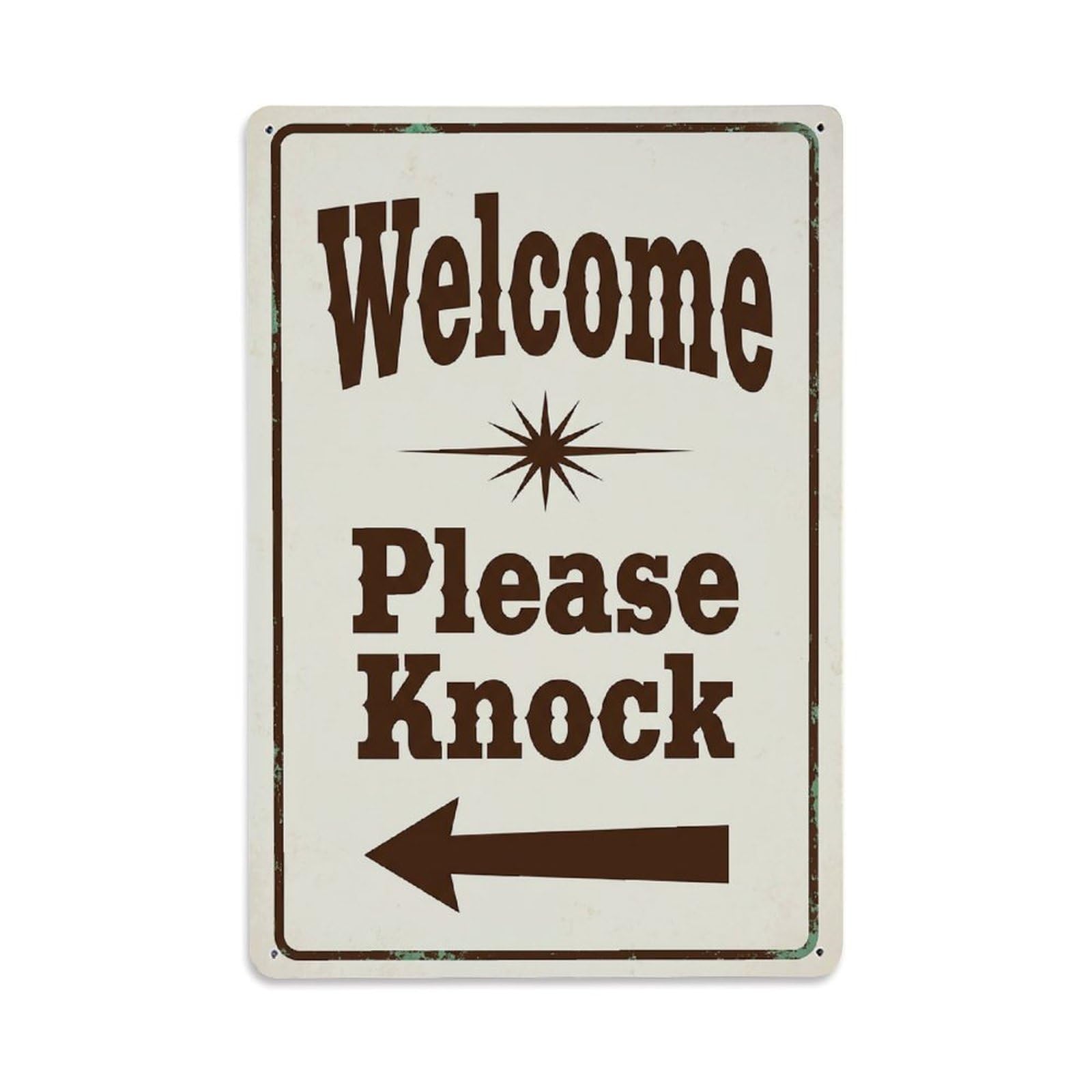 Vintage Welcome Please Knock Arrow Star Metal Tin Sign