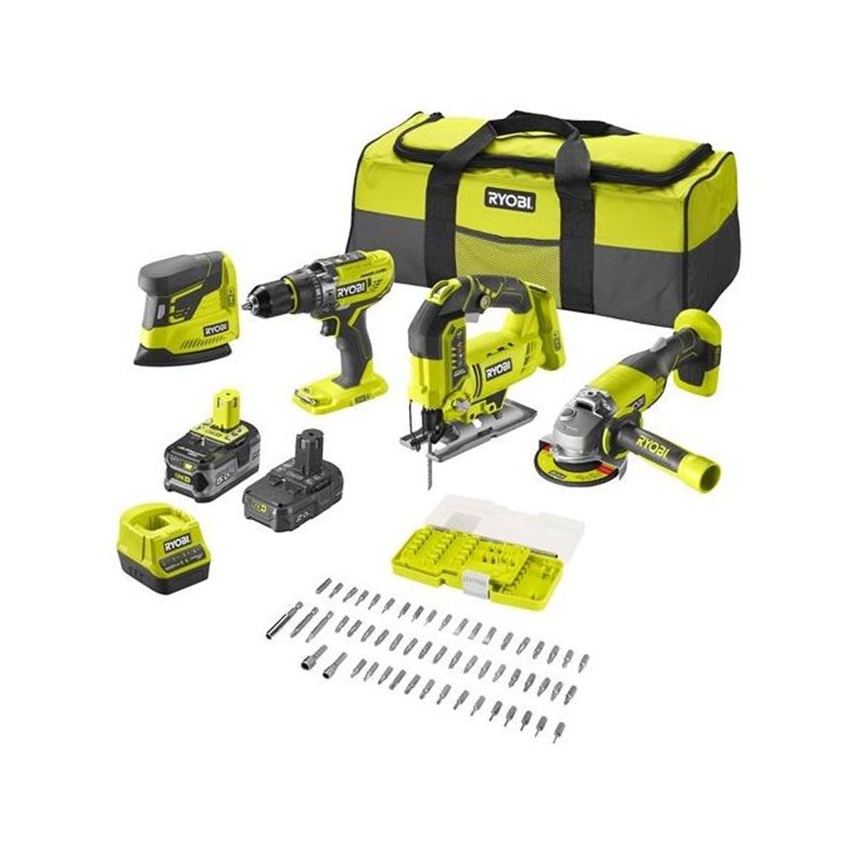 Combo Ryobi inalámbrico 18V | Amoladora, Taladro, Lijadora, Sierra con 2 baterías