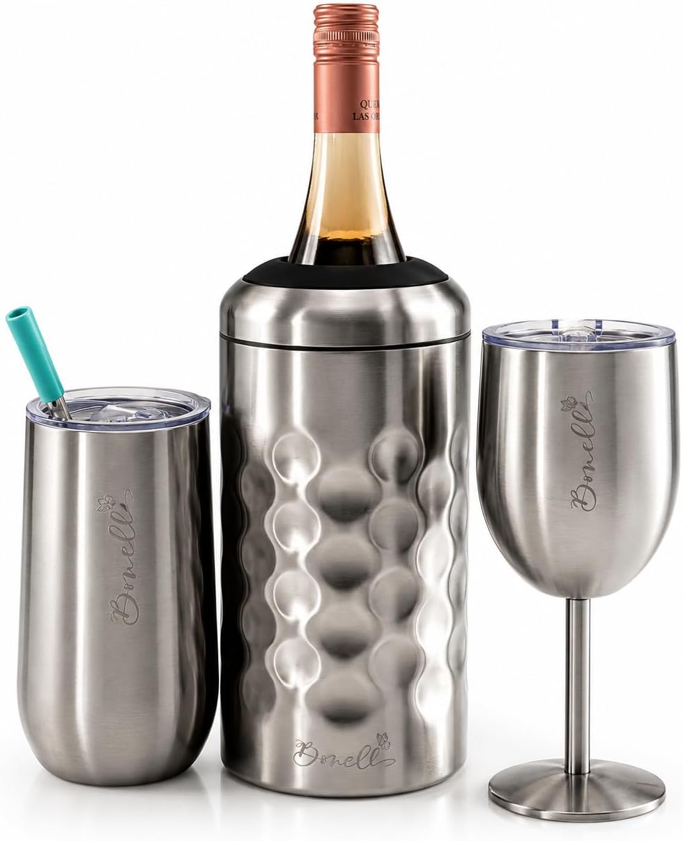 Champagne Bottle Chiller Gift Set- Portable Stainless Steel Sparkling Wine Cooler with 2 Champagne Flutes (Black)