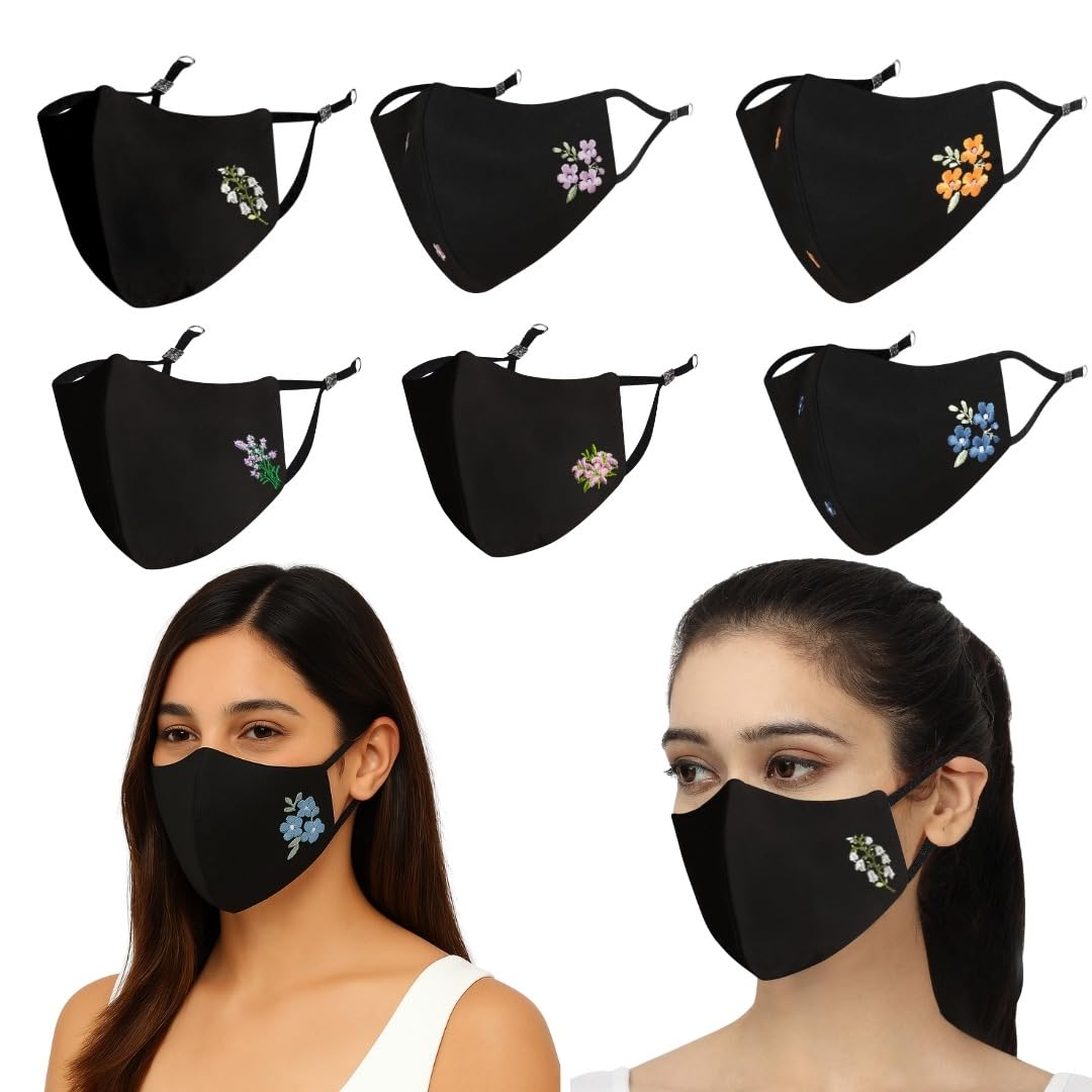 masq By Q-One Floral 4 Layer, Anti-Pollution Reusable, with Ear Adjusters,(BFE>99%) Embroidered Cotton Cloth Face Mask Combo for Women, Girls (Pack of 6)-picture-9