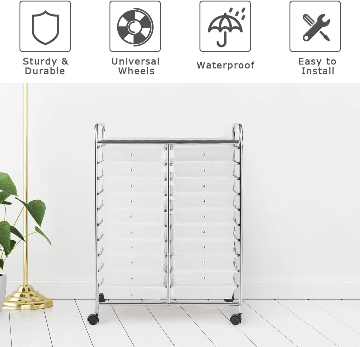 Clear 20-Drawer Rolling Organizer Cart with Chrome Frame