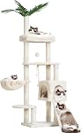 Heybly Arbre de chat, 65.4 Tour de chat pouces pour les chats d'intérieur, Condo Cat avec perches, Panier, Feuille, Bol d'alimentation, Meubles de chat moderne en peluche multi-niveaux avec des poteaux de Scratching, Beige HCT015M